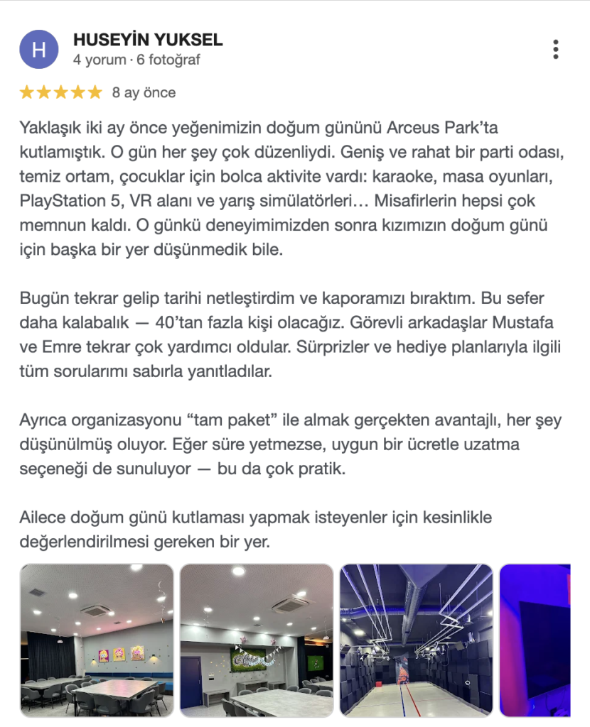 Arceus Park çocuk doğum günü organizasyonu ve Full Paket deneyimi hakkında beş yıldızlı Google yorumu