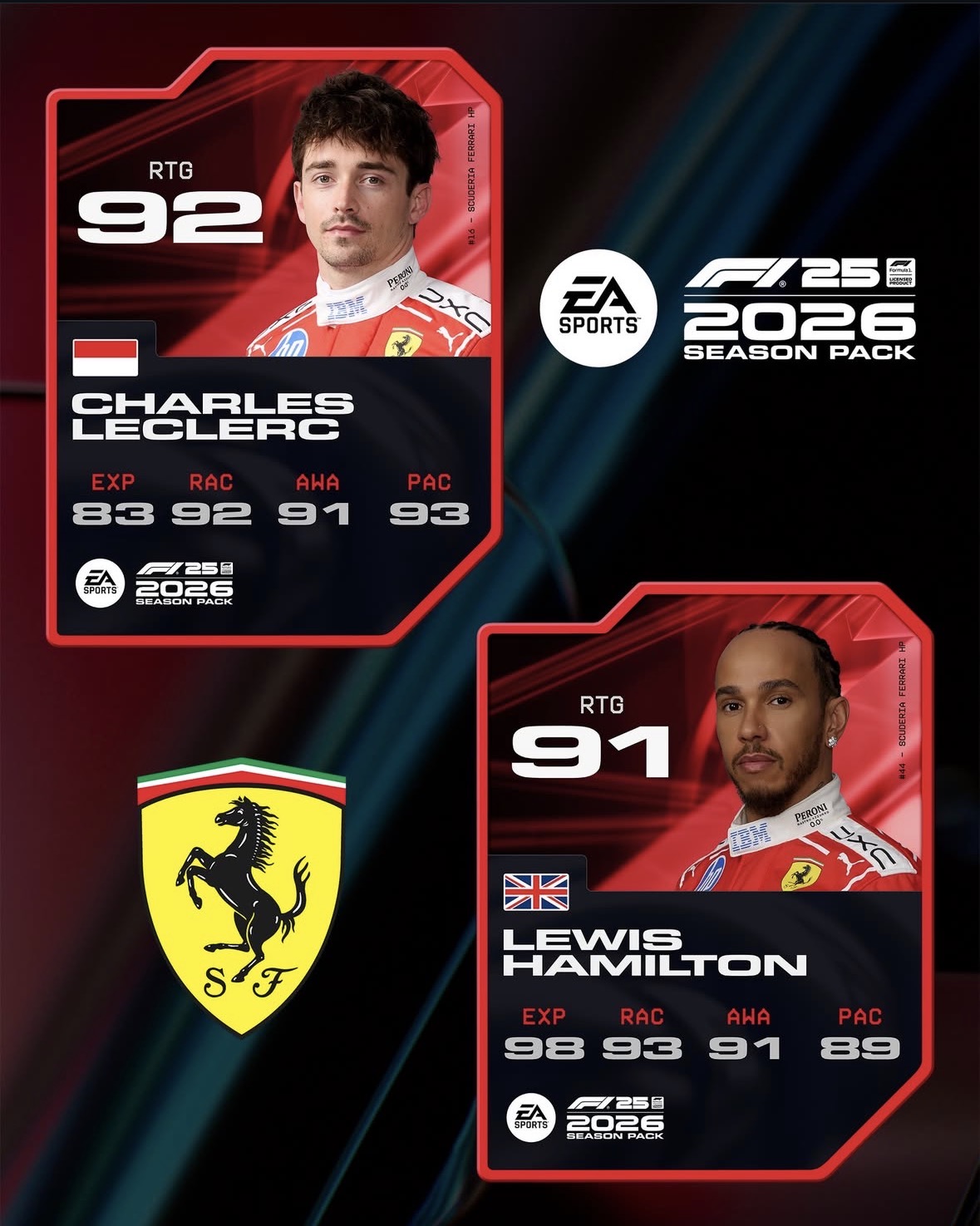 F1 25 2026 Ferrari pilot kartları: Charles Leclerc ve Lewis Hamilton