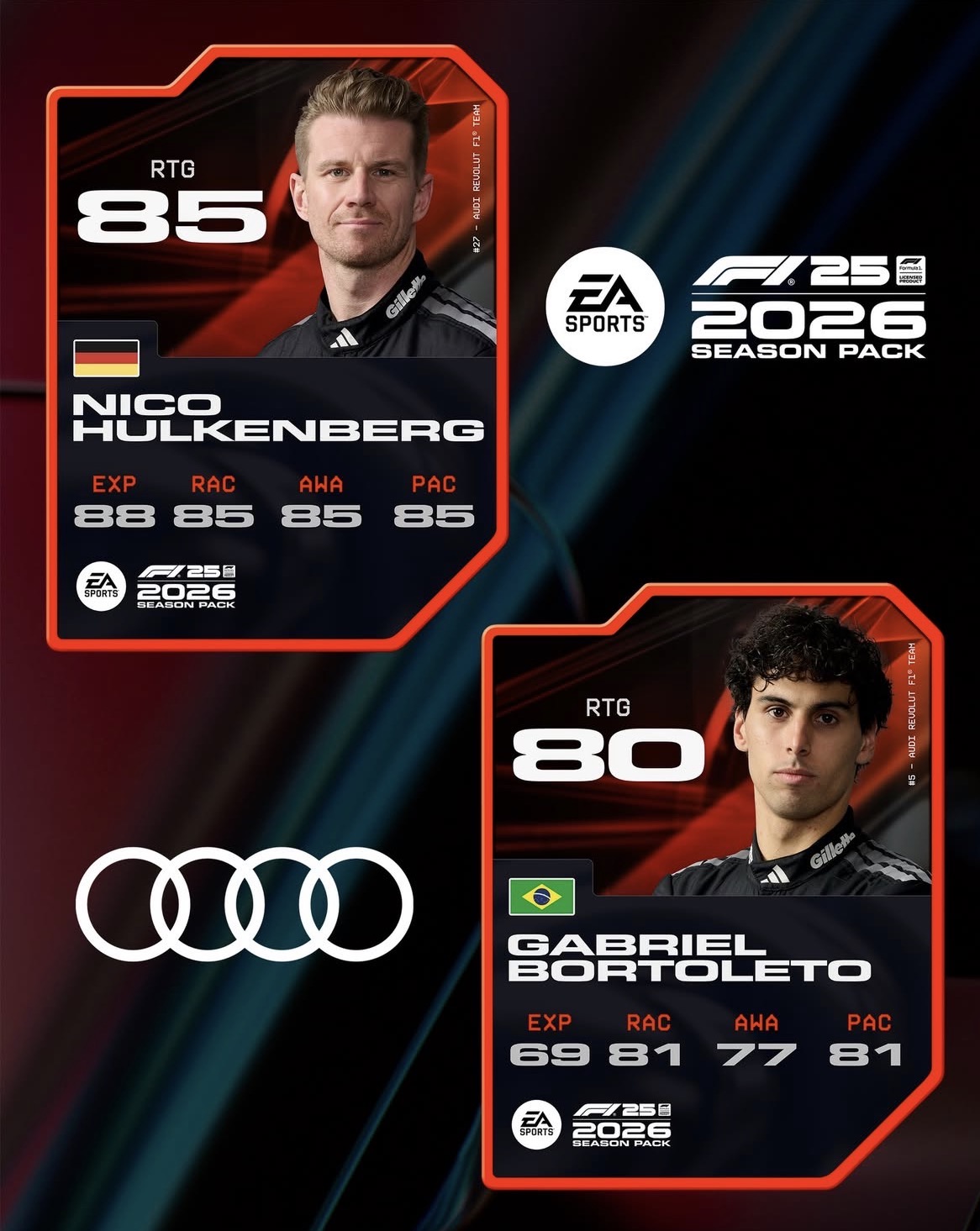 F1 25 2026 Audi pilot kartları: Nico Hülkenberg ve Gabriel Bortoleto