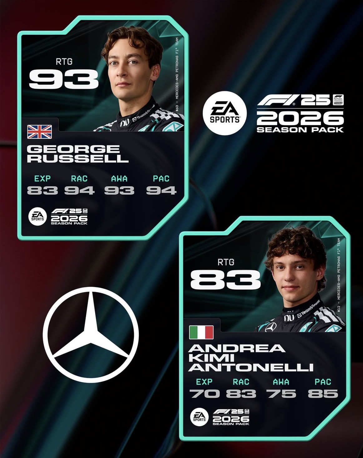 F1 25 2026 Mercedes pilot kartları: George Russell ve Andrea Kimi Antonelli