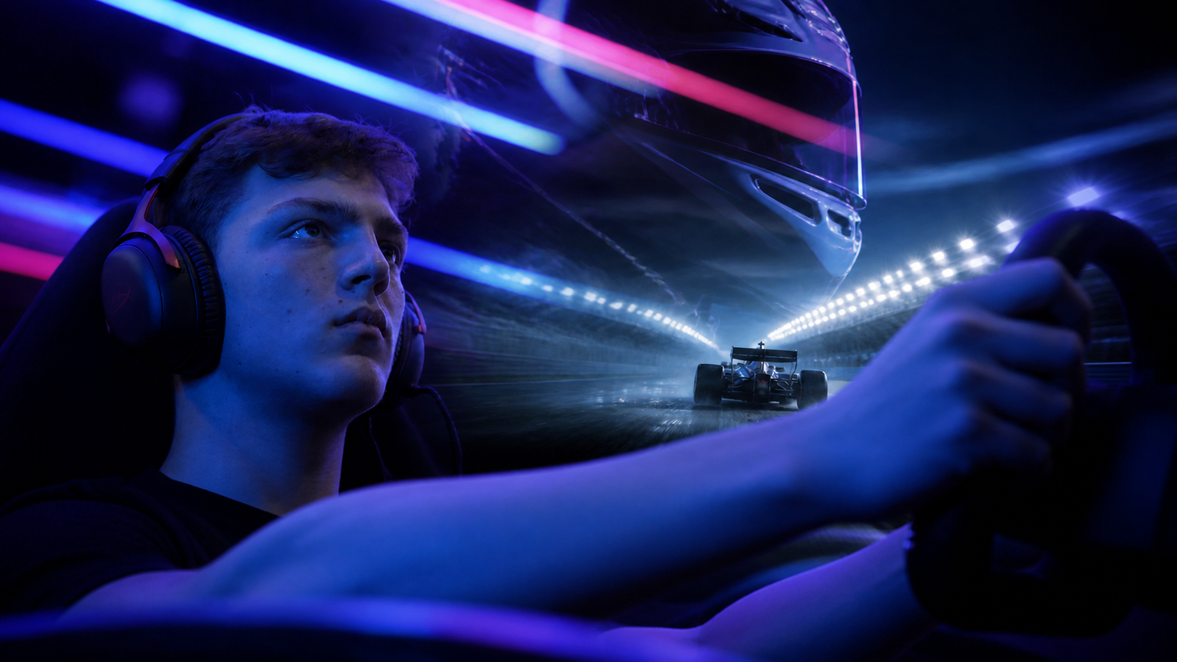 Antalya Formula 1 simülasyonunda yarış direksiyonu ve kulaklıkla otomobil yarışı oynayan genç
