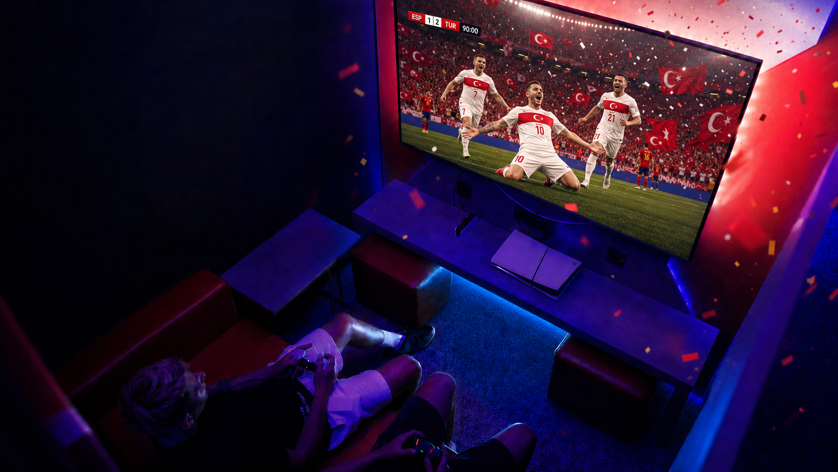 Antalya PS5 VIP odasında büyük ekranda futbol oyunu deneyimi