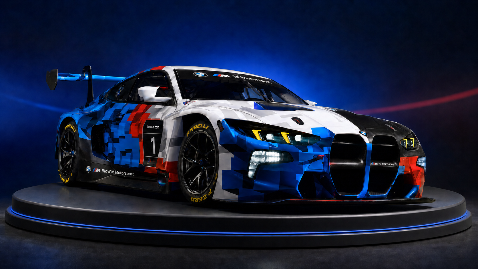 BMW M4 GT3 – Antalya Direksiyon Seti Deneyimi Aydınlatılmış otomobil podyumunda BMW M4 GT3 yarış otomobili