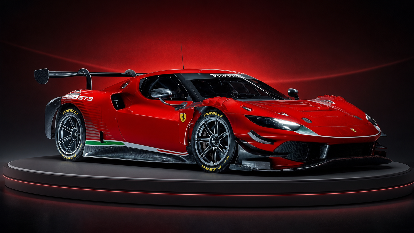 Ferrari 296 GT3 – Antalya Yarış Simülatörü Işıklı stüdyo podyumunda Ferrari 296 GT3 yarış otomobili