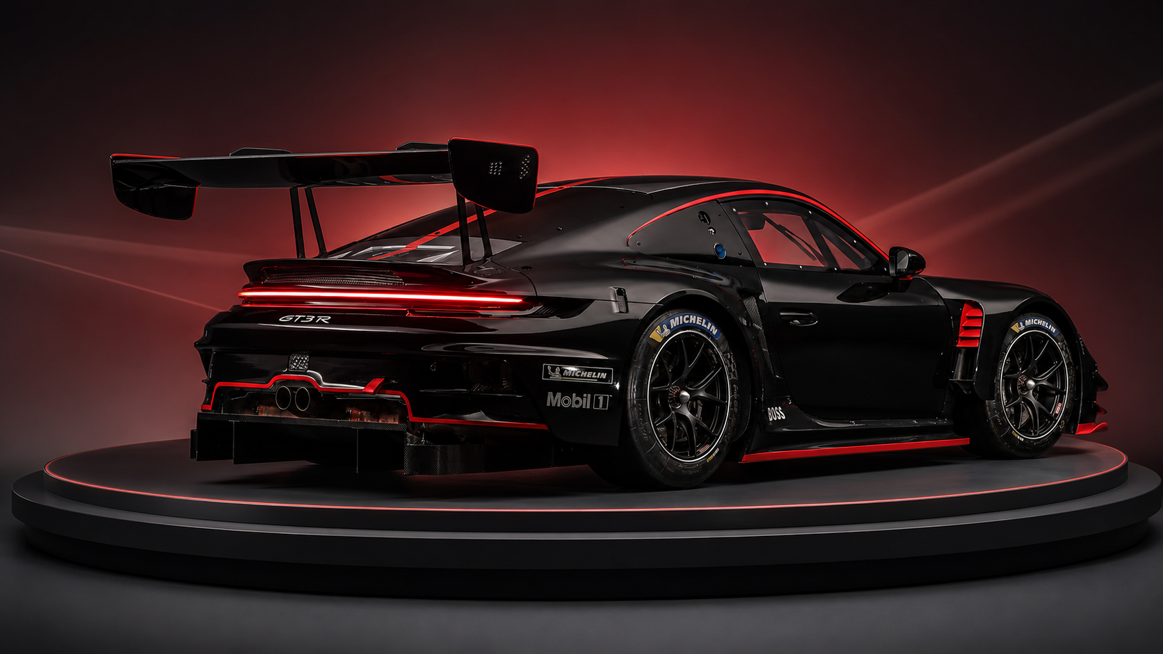 Porsche 911 (992) GT3 R – Antalya Direksiyon Cafe Karanlık podyum üzerinde Porsche 911 992 GT3 R yarış otomobili